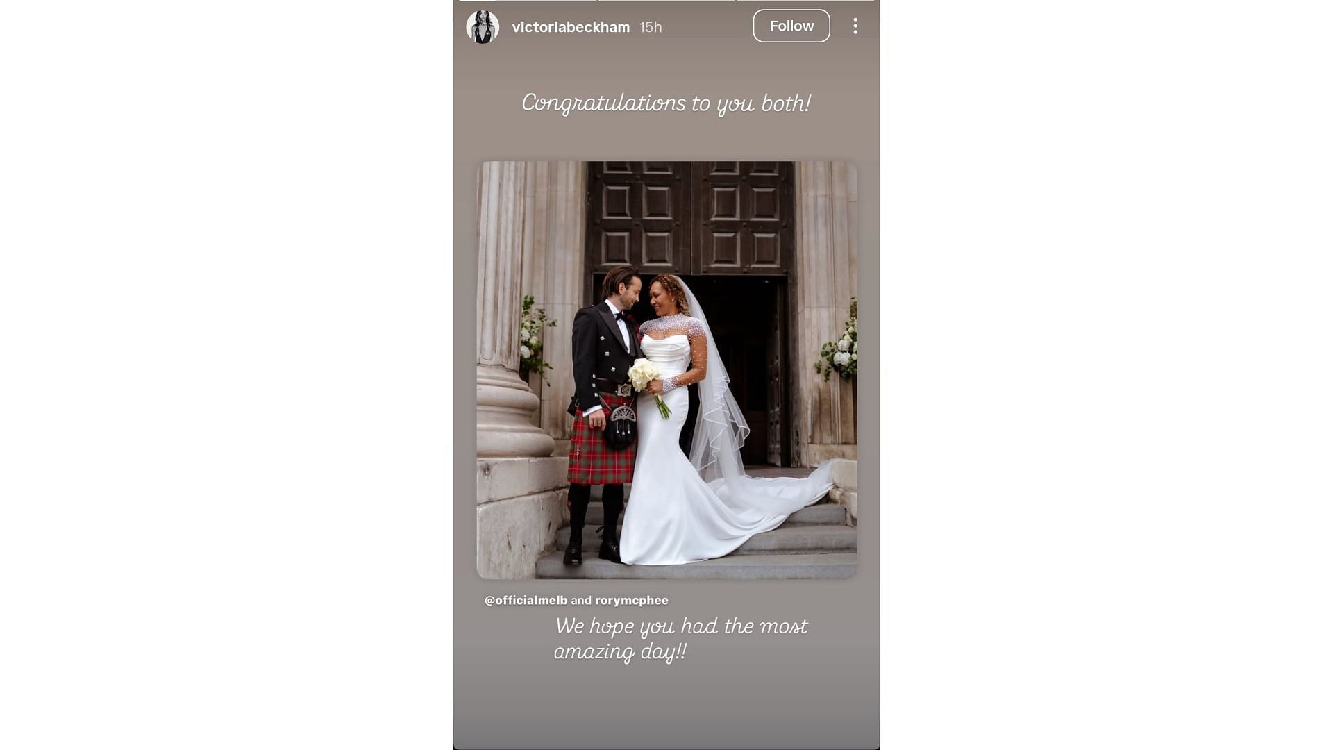 Victoria Beckham congratulates Mel B. on her wedding to Rory McPhee (Image via Instagram/@victoriabeckham)